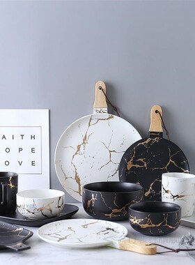 Large Soup Bowl European Marble Ceramic Plate Gold Snacks Wi