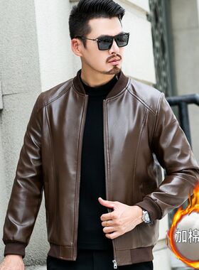 春秋季中年男士皮衣棒球领u机车服休闲男装外套爸爸装中老年皮夹