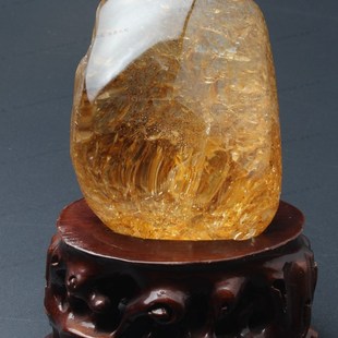 5A级天然黄胶花水晶原石摆件奇石异石实木底座全净品质送鉴定书