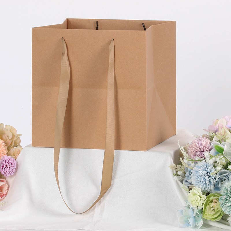 加长提绳宽底花束礼品袋鲜花店手提纸袋加厚O盆栽蛋糕方形纸袋现