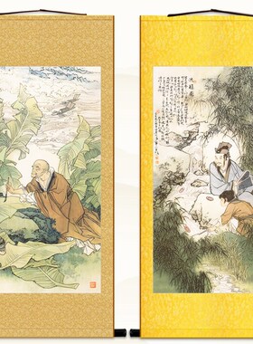 怀素书蕉图 曲水流觞图 文人雅士人物卷轴挂画绢布材质装饰画定制