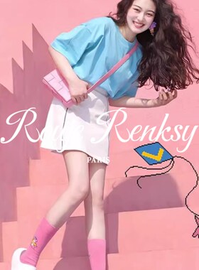 法国 法式蓝色圆领短袖正肩t恤女夏季减龄休闲上衣