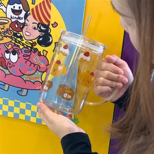 可爱桌面带盖水杯少女高颜值玻璃大容量茶杯网红吸管杯耐高温1L