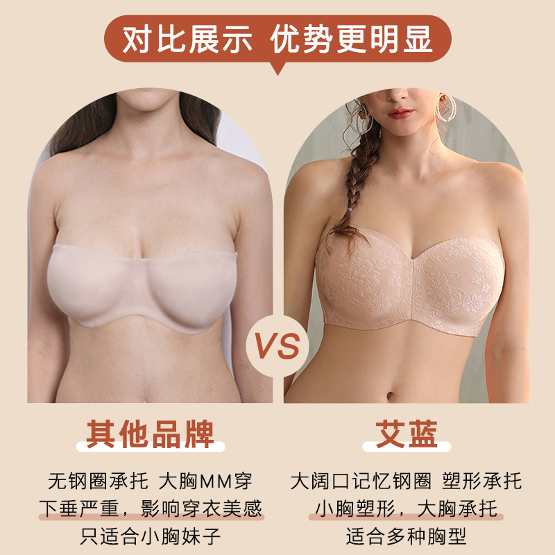 裹胸无肩带内衣女大胸显小抹胸隐形文胸大码胸贴防下垂薄款婚纱用