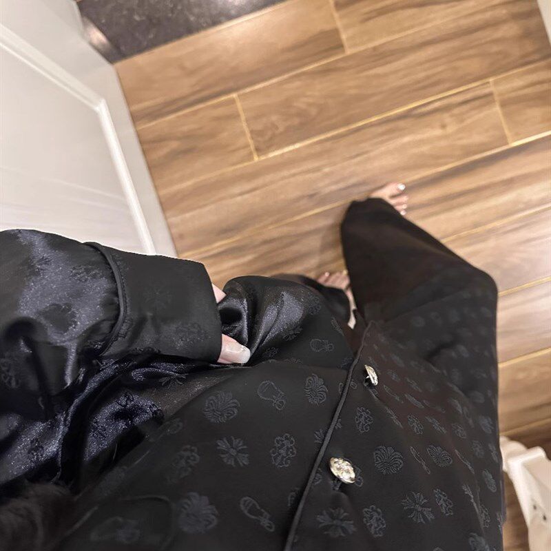 法式黑色高级感绸缎面冰丝睡衣女款春秋款新款长袖长裤家居服套装