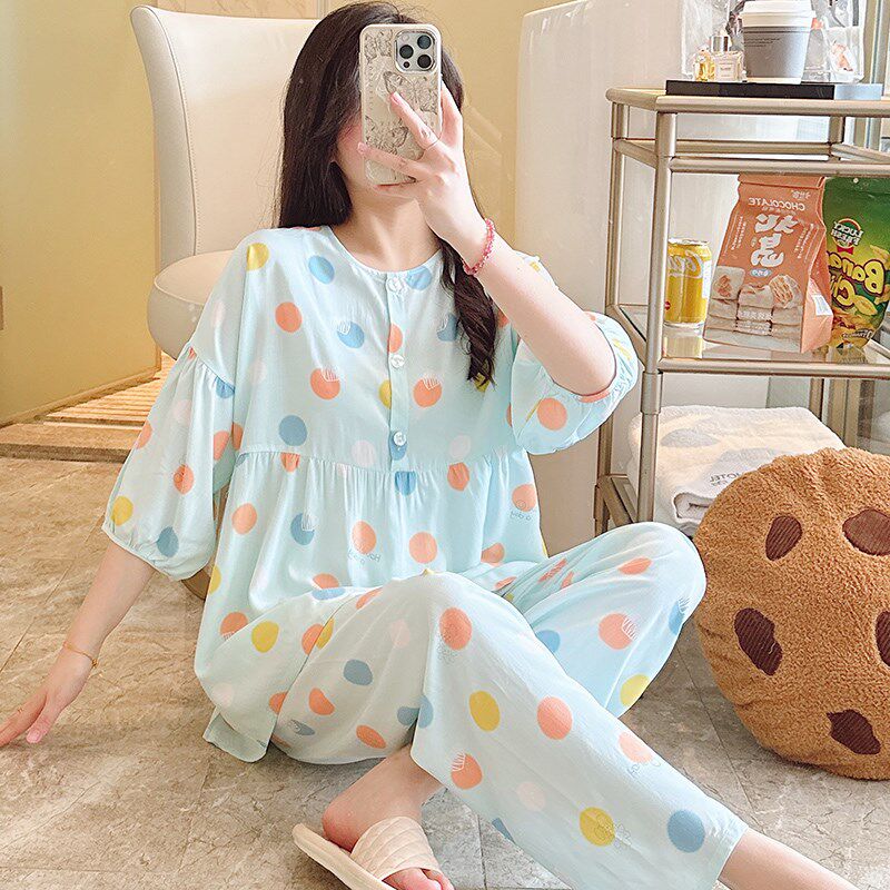 女士睡衣2024年春夏季新款宽松棉绸薄款七分袖长裤学生人棉家居服