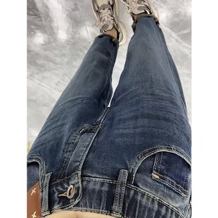 女秋胖妹妹mm宽松显瘦九分老爹 高腰哈伦牛仔裤 梨型身材裤 子大尺码