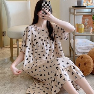外穿防凸点棉绸睡衣女夏短袖 小个子 裙子绵绸睡裙人造棉连衣裙大码