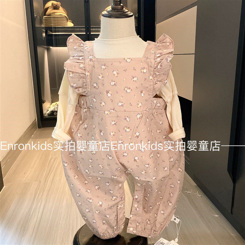 新款女宝宝春秋季连体衣婴儿长袖爬服碎花背带裤两件套小清新哈衣