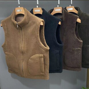 潮牌仿羊羔毛马甲男皮毛一体两面穿颗粒羊M剪绒马夹厚立领坎肩外