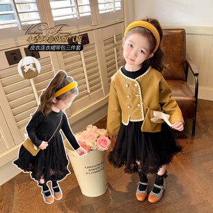 女童春款套装20i24秋季新款宝宝外套女孩春天皮衣纱裙带包包三件