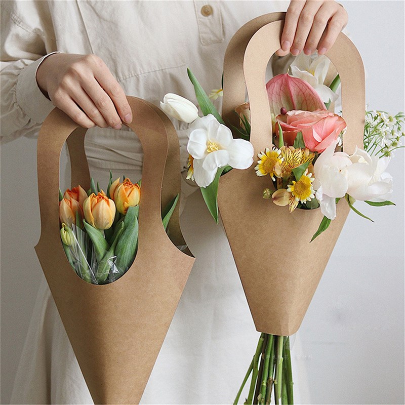 厂家20pcs/pack Kraft Paper FloweBr Bags Handle Flowers Wrapp