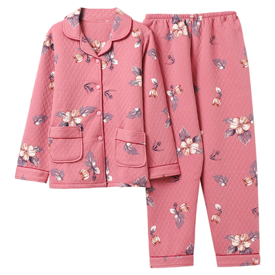 中老年夹层睡衣女春秋冬加厚长袖老人婆婆奶奶中年家居服大码