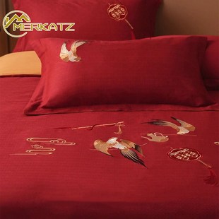 100s新中式 婚庆四件套结婚喜房床上用品红色婚嫁纯棉床单纯棉喜被