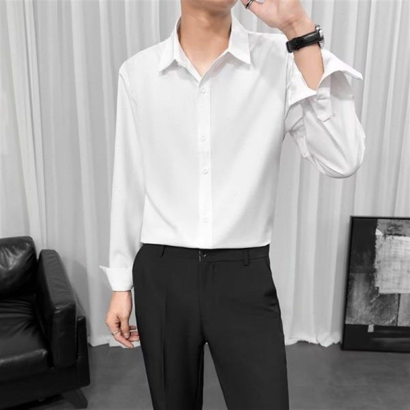 白色衬衫男士长袖秋季高级感垂感免烫抗皱商务正装伴郎服衬衣男生