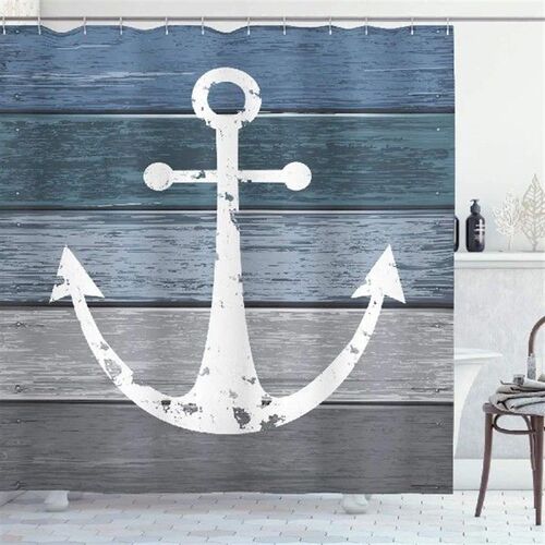 小众高货Nautical Sailboat Wooden Shower Curtain Compass Anch