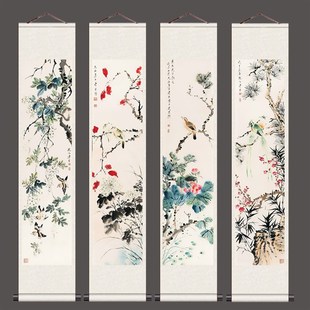 唐云花鸟画茶楼挂画定制酒店壁画丝绸画卷轴国画四条屏松雀图好运