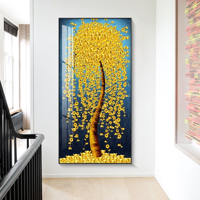 玄关装饰画发财树金钱树入户墙面过道挂画招财大气竖版走廊进定做