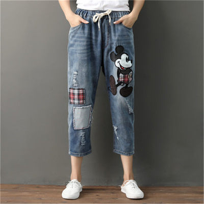 速发DISNEY Mickey Ripped Boyfriend Jeans For Women Loose Den