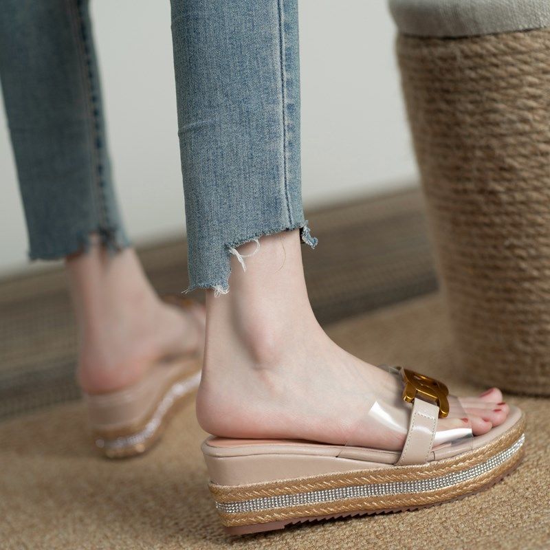 透明凉鞋女高跟2024夏季新款韩版松糕厚底鞋水钻坡跟一字平底凉拖,女鞋,时装凉鞋,淘宝优惠券,粉丝福利购,淘宝优惠卷