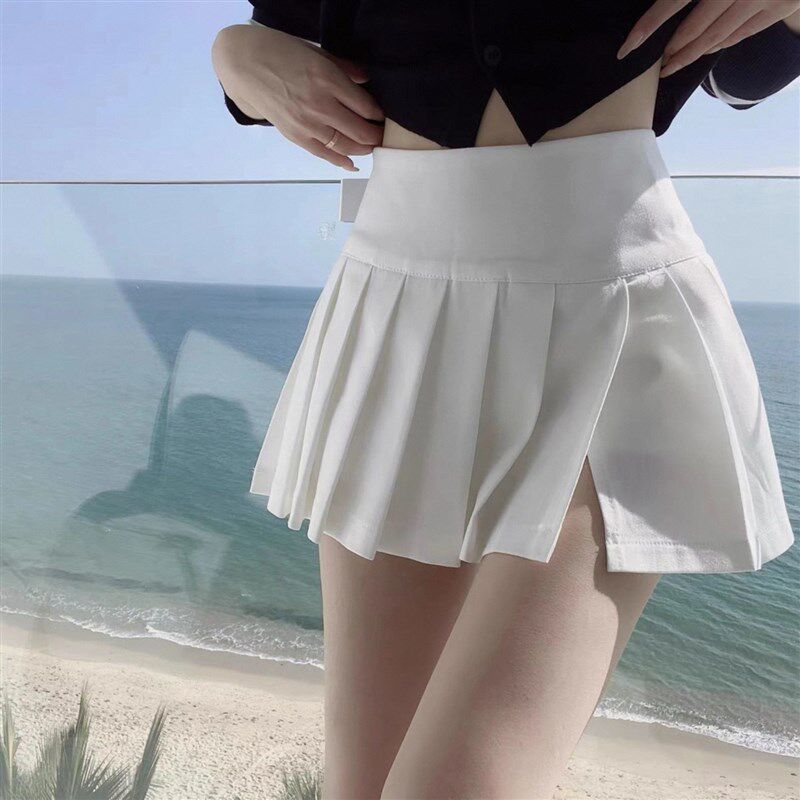 夏季纯欲风百搭小短裙女显瘦辣妹防走光白色开叉百褶裙性感超短裙