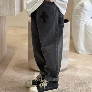 男童炸街帅气休闲裤 秋款 儿童日系黑色帅气十字架皮标潮酷牛仔裤