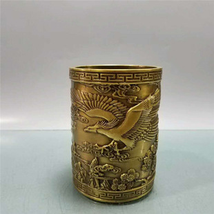 新品渼黄铜笔筒摆件l黄铜百福笔筒 蝙蝠笔筒 大鹏展翅笔筒家居办