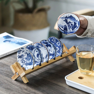 功夫茶杯杯架套装青花瓷斗笠杯6只复古小茶碗盏中U式品茗功夫单杯