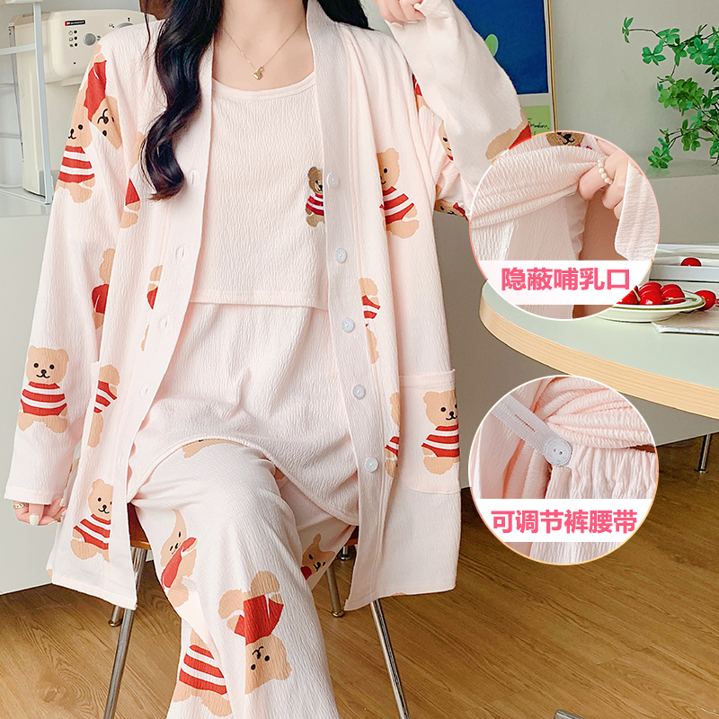 三件套月子服纯棉纱布春秋夏季孕妇哺乳睡衣4月份5产后喂奶装大码