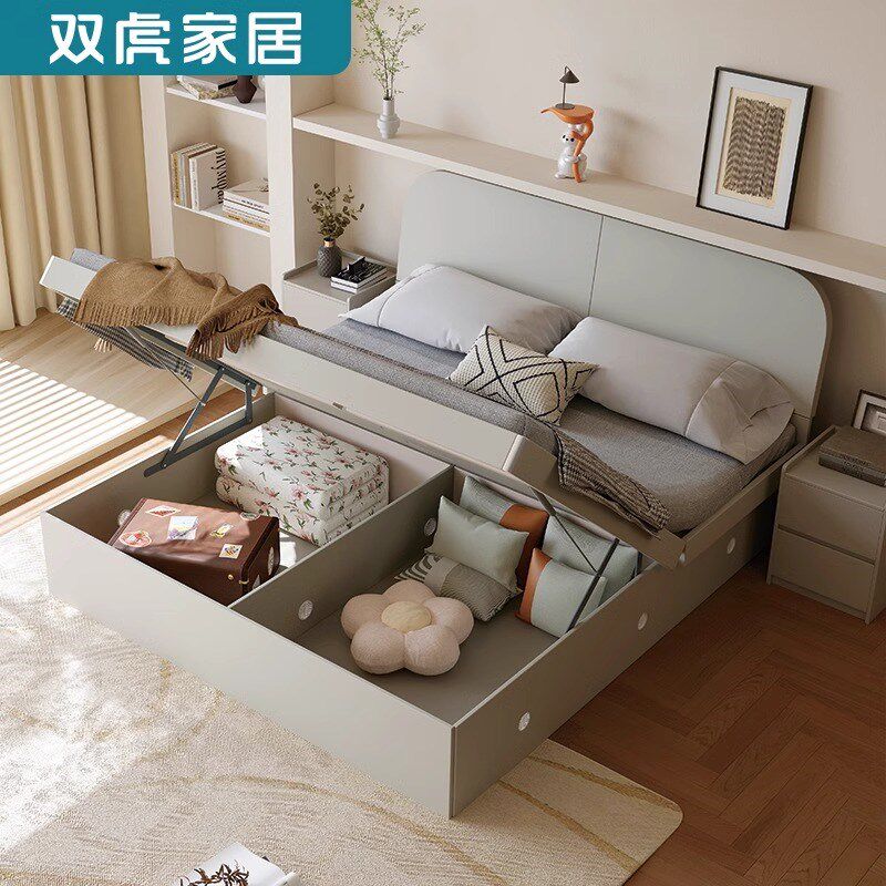板式床现代简约双人床1.8米1.5m高箱储物床白色小户型次卧床23102