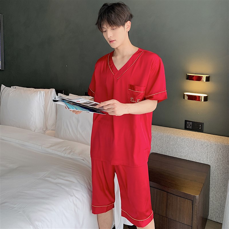 睡衣男士夏季真丝短袖短裤薄款冰丝夏天男V领套头丝绸套装家居服