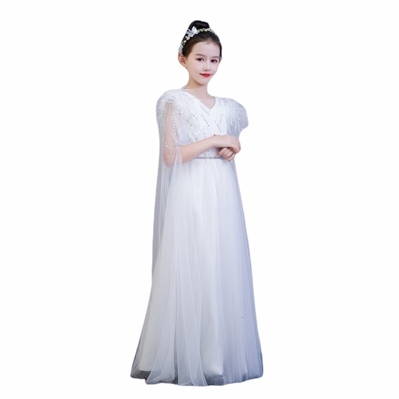 极速儿童古筝演出礼服2023新款中式古典白色显瘦气质长款走秀考级