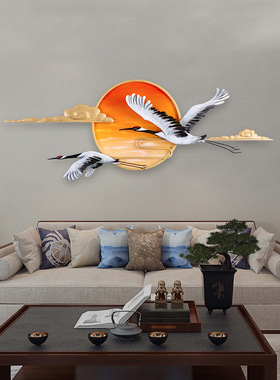 新中式装饰挂件墙壁客厅墙面铁艺壁挂仙鹤画壁饰创意立体金属墙饰