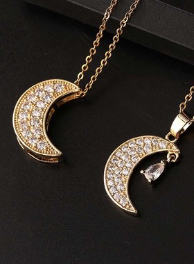 欧美跨境月亮吊坠大气时尚满钻镀真金不锈钢链条水滴Y月亮吊坠项