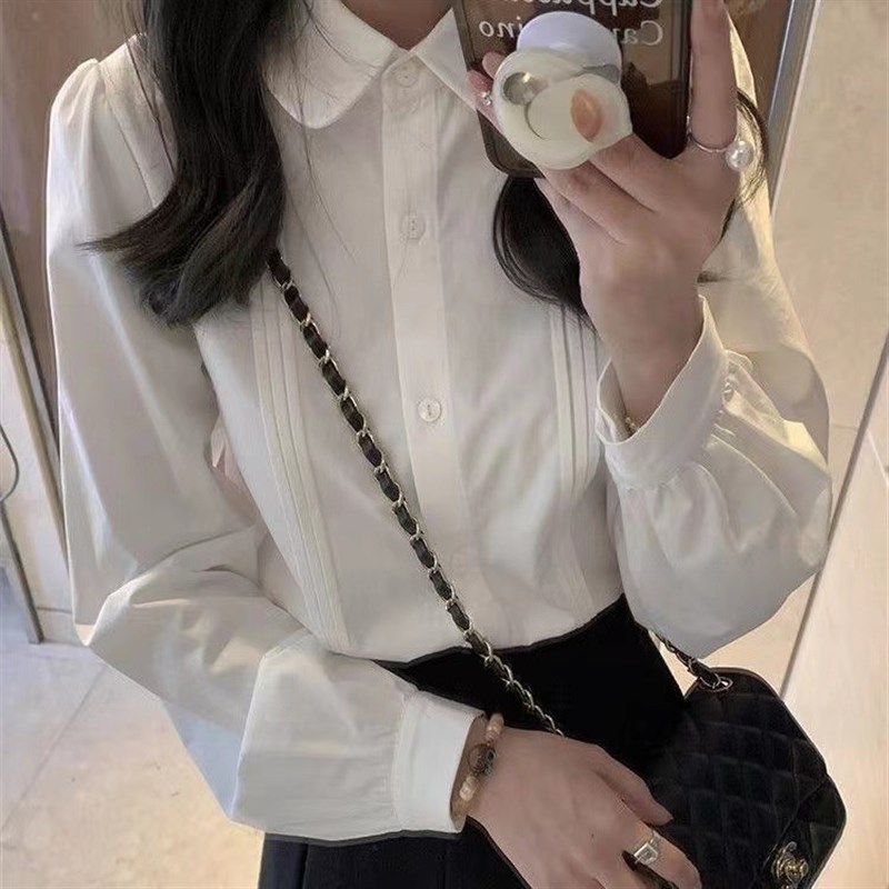 春秋甜美娃娃领白l色衬衫女冬季叠穿内搭风琴褶衬衣设计感上衣学