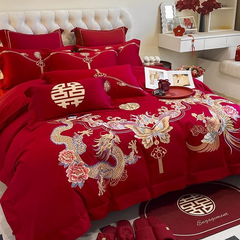 新中式龙凤结婚四件套全棉2024新款红色刺绣被套婚庆床上用品,床上用品,婚庆床品套件,淘宝优惠券,粉丝福利购,淘宝优惠卷