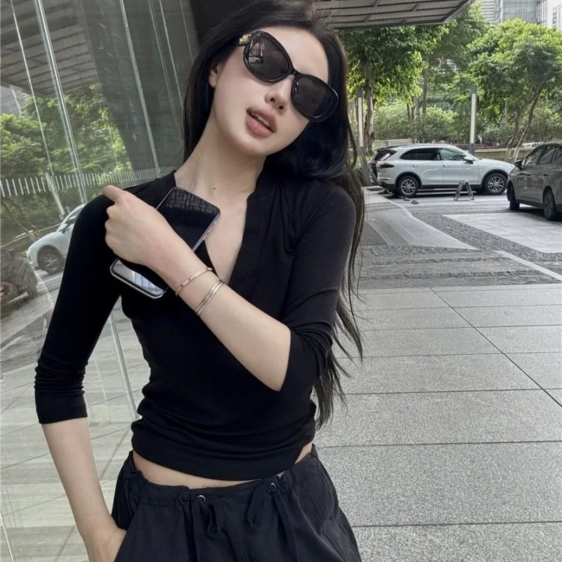 美式时尚V领长袖正肩t恤女春夏季2025新款高腰黑色阔腿裤两件套装