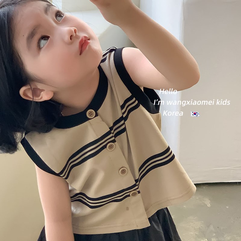 热销背心女2024新款儿童女童夏装条纹针织t恤夏天韩范小童无袖上