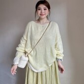 微胖MM黄色针织衫 秋冬宽松防晒外搭罩衫 小众设计感慵懒风打底上衣