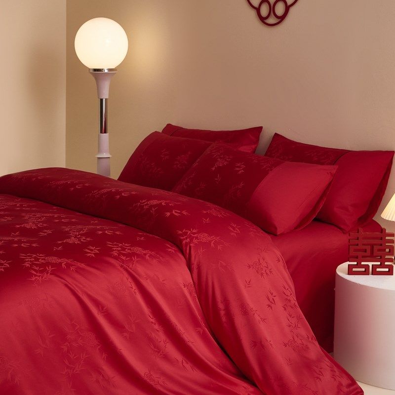 结婚四件套新婚喜庆红色提花被套床单床笠款婚庆陪嫁床上用品,床上用品,婚庆床品套件,淘宝优惠券,粉丝福利购,淘宝优惠卷