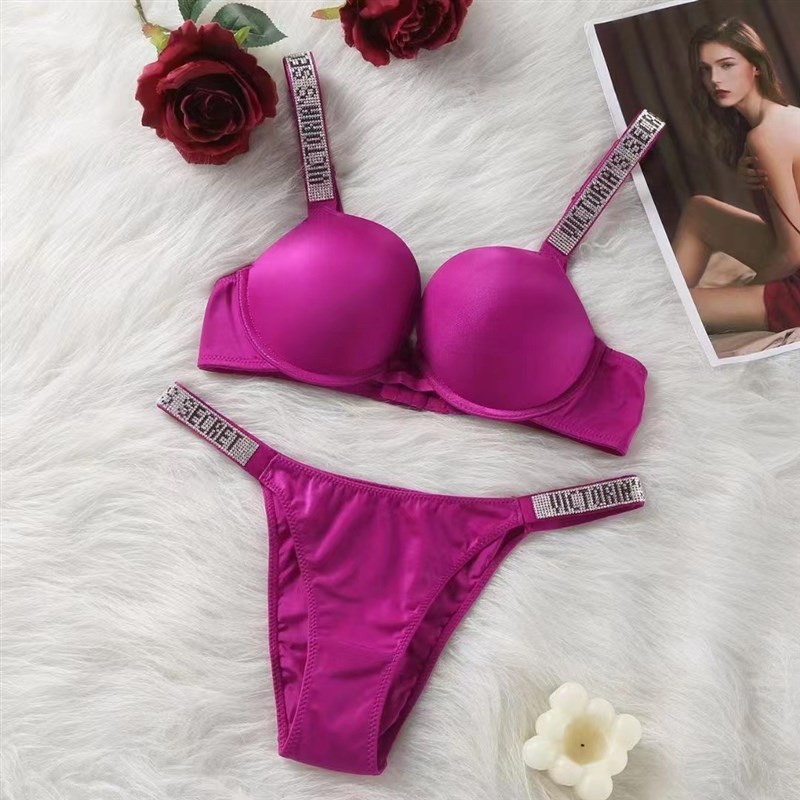 Diamond-studded Letter Strap Bra Set Push Up Underwire B现货