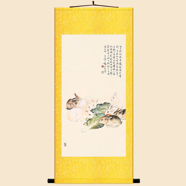 兔子蔬菜发财图动物画 绢布卷轴挂画 兔年复古书房W客厅装饰画定图片