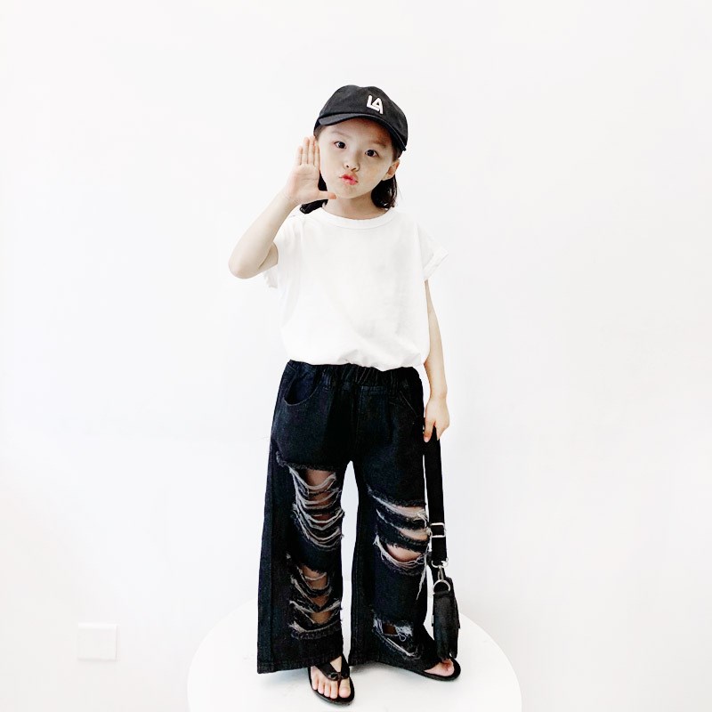2022夏款亲子装女童日系休闲风宽松大破洞牛仔裤男女宝防晒长裤子