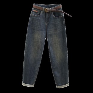 子 抓毛薄绒复古宽松休闲老爹罗卜裤 高腰哈伦牛仔裤 女2023秋冬新款