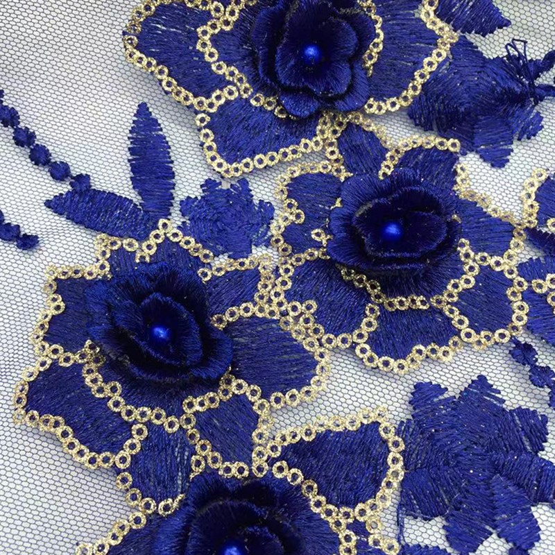 平绣新品 夏季古典旗袍连衣裙刺绣布料 立体花朵钉珠绣花面料