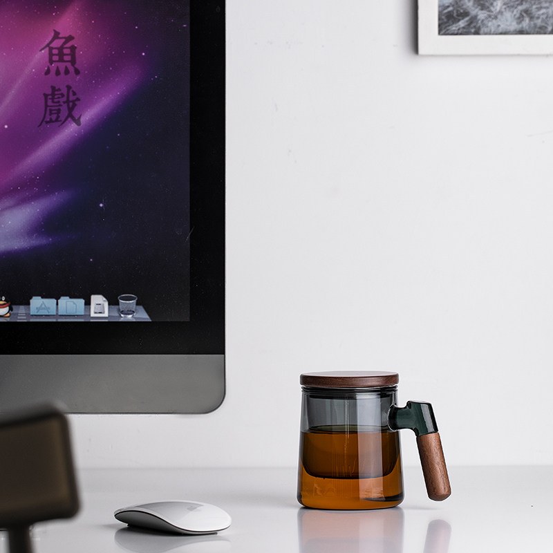 茶水分离泡茶杯办公室玻璃水杯男士简约带盖过滤日式大容量茶道杯