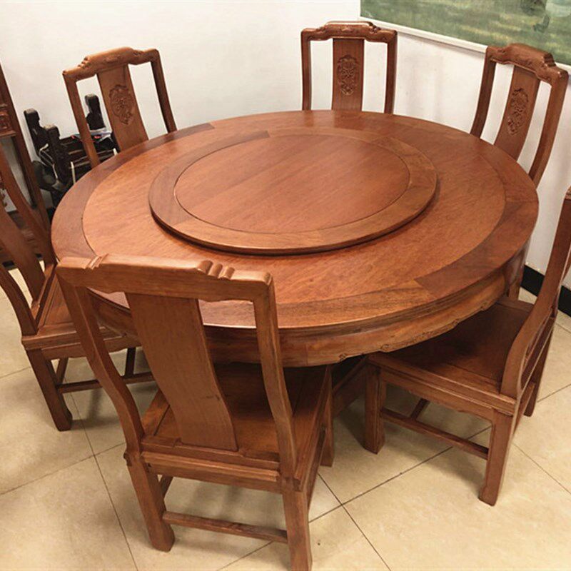 红木餐桌家具仿古圆台桌花梨木豪华雕花象头圆餐桌带转盘实木圆桌