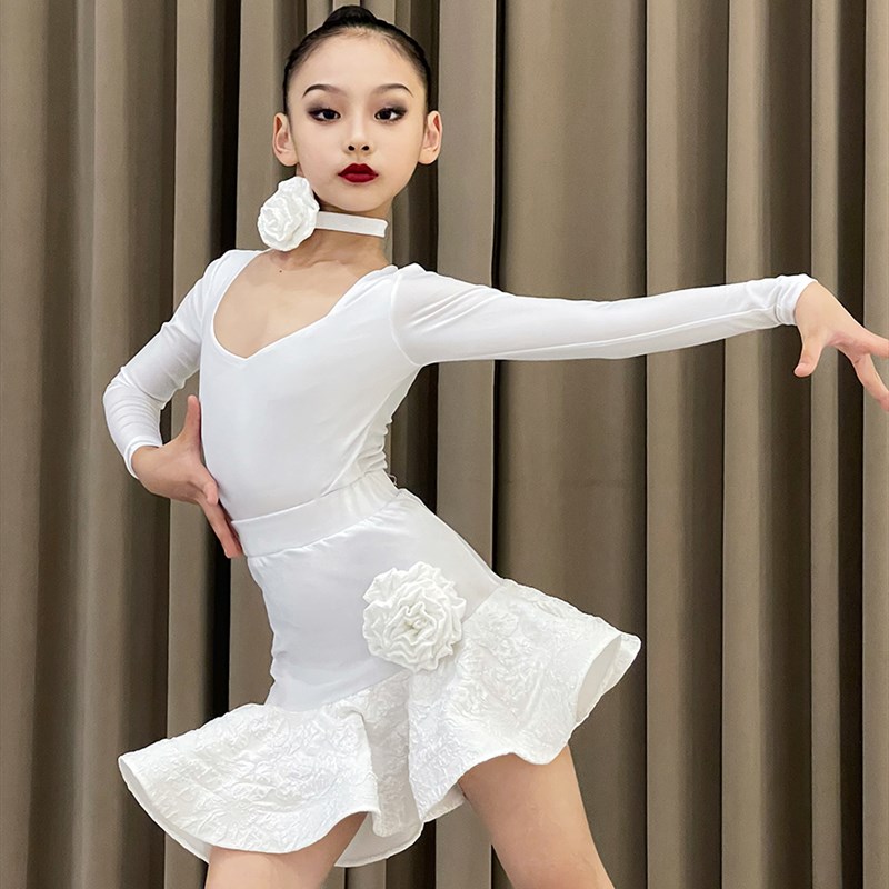 菲贝咔2024新款拉丁舞儿童练功服女童训练舞蹈服T白色简约长袖套