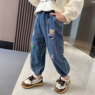 秋款 女童老爹裤 子中小童长裤 春秋裤 宝宝束口 洋派儿童刺绣牛t仔裤
