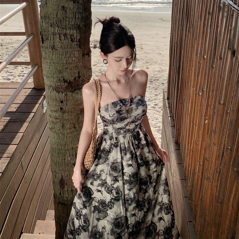 现货纯欲水墨碎花抹胸吊带连衣裙女夏H季新款收腰显瘦性感露背长